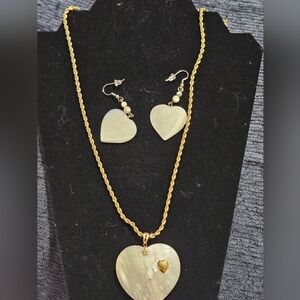Gold-Tone Heart Pendant Necklace and Earrings Set in Cream